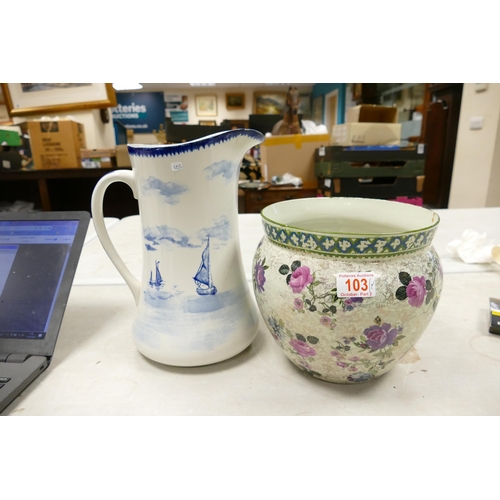 150 - A mixed collection of items to include Large Empire Ware Delft style jug (cracked) , similar smaller... 