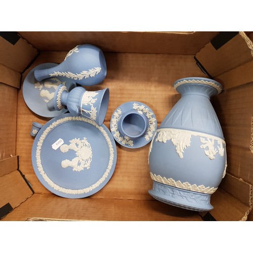 531 - Wedgwood Jasperware,A Small Collection of blue jasperware  to include vases, dishes, thimbles etc.