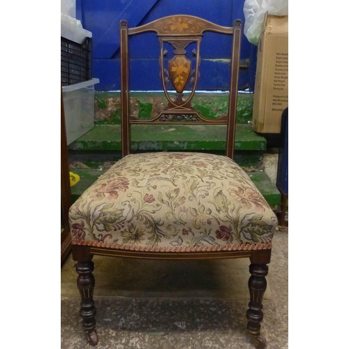 666 - Victorian Inlaid and Upholstered Bedroom Chair Marquetry Inlay in the form of musical trophies. Heig... 