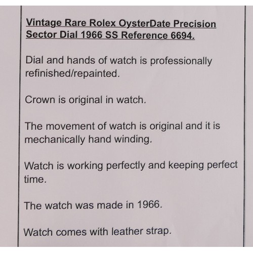 833 - Rolex Oysterdate Precision 6694 mechanical Watch, Dial and Hands of Watch Are Professionally refinis... 