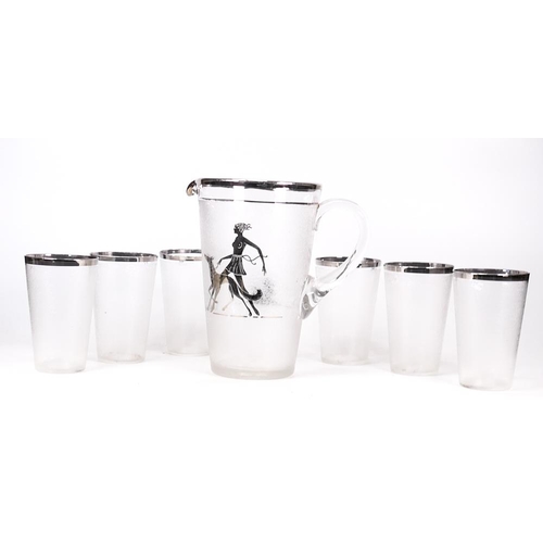 414 - Early-Mid 20th Century Glass Lemonade Set with Silver Rim and Highlights to include one Jug and Six ... 