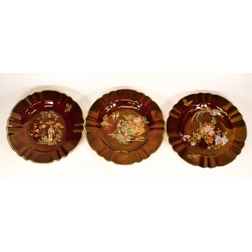 667 - Three Carltonware Rouge Royale Fluted Plates in the Mikado,  Bird of Paradise and Geisha Patterns. D... 