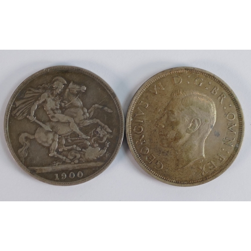 738 - Victorian full Crown silver coin 1900, together with 1937 crown (50% silver).