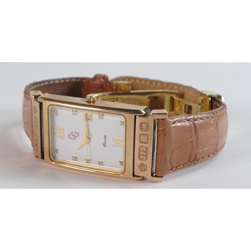 803 - Claddagh Gold ladies quartz wristwatch with leather strap, working order.