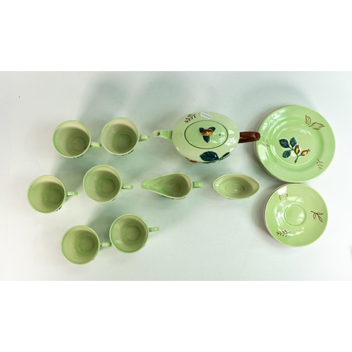 167 - Carlton ware raised relief green 21 piece tea set with teapot (21 pieces) 1 plate cracked and slight... 