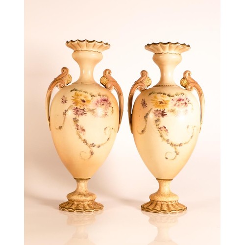 170 - Carlton ware Ivory Blushware twin handled Baluster vases with hand painted Dahlia decoration. Gilt h... 