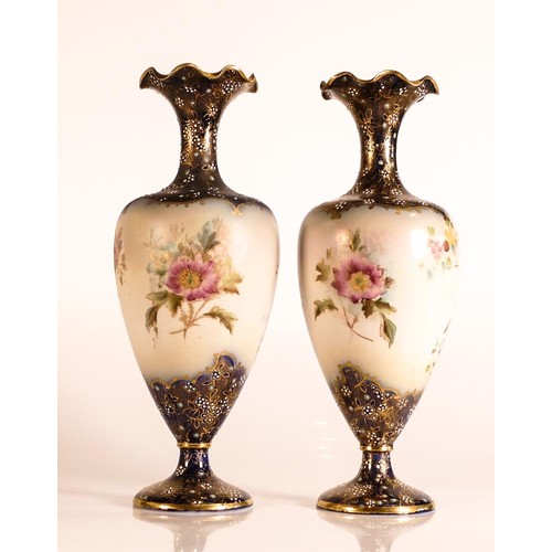 174 - Carlton ware Ivory Blushware twin Baluster vases in the Arvista pattern with Cobalt blue ground and ... 