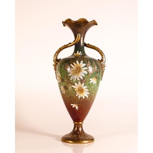 190 - Carltonware Wiltshaw & Robinson twin twisted handle vase in the Daisy pattern on green mottled groun... 