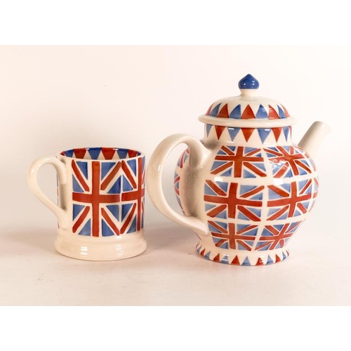 223 - Union Jack tea pot together with matching mug. Height of teapot 18cm