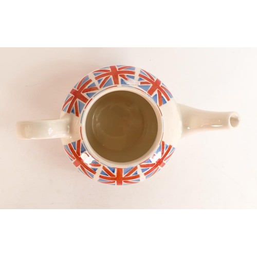 223 - Union Jack tea pot together with matching mug. Height of teapot 18cm