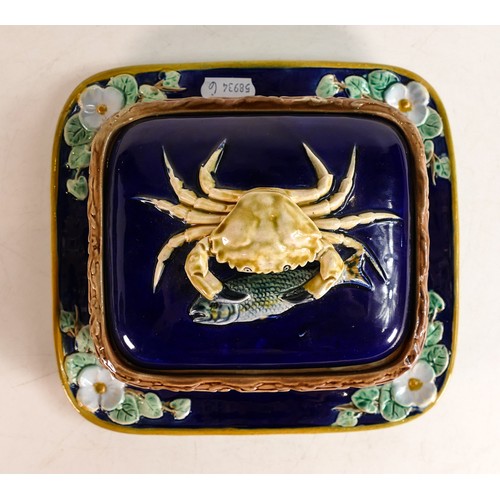 240 - Holdcroft Majolica sardine box & cover, decorated with fish and crab on cobalt blue ground, 19cm x 1... 