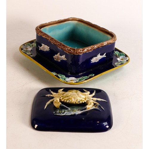 240 - Holdcroft Majolica sardine box & cover, decorated with fish and crab on cobalt blue ground, 19cm x 1... 