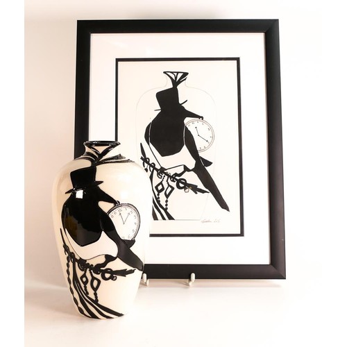 Moorcroft Magpie pattern trial vase with artist drawing, Kerry Goodwin ...