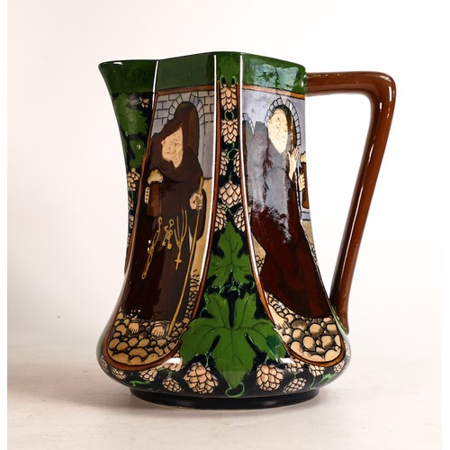 852 - Wileman & Co Intarsio square jug 3154. Panels of monks with jugs of ale and hops & leaves in between... 