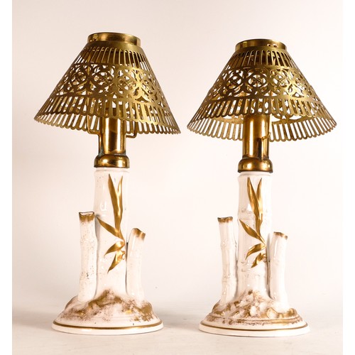 853 - Wileman & Co Fola candle lamps 6767 with candle holders & brass shades. (2)