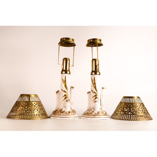 853 - Wileman & Co Fola candle lamps 6767 with candle holders & brass shades. (2)