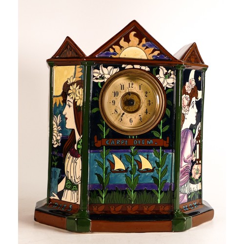 856 - Wileman & Co Intarsio large clock 3160. Panels of young women to sides & sailing ships beneath clock... 