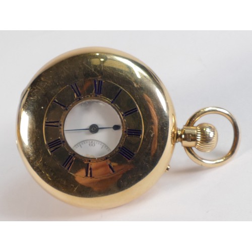 2066 - 18ct gold hallmarked cased keyless half hunter pocket watch by Benson, London.  Very minor denting t... 