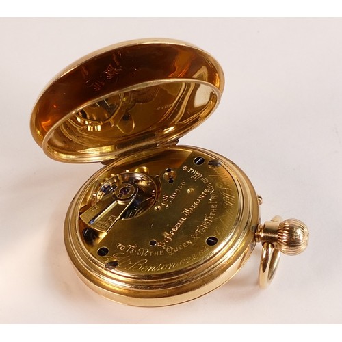 2066 - 18ct gold hallmarked cased keyless half hunter pocket watch by Benson, London.  Very minor denting t... 