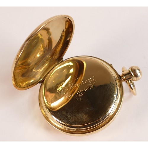 2066 - 18ct gold hallmarked cased keyless half hunter pocket watch by Benson, London.  Very minor denting t... 