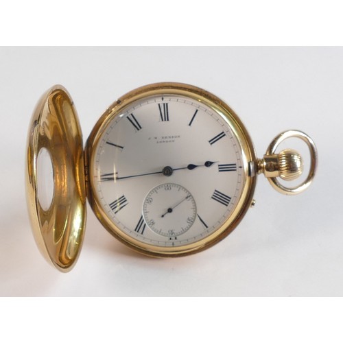 2066 - 18ct gold hallmarked cased keyless half hunter pocket watch by Benson, London.  Very minor denting t... 