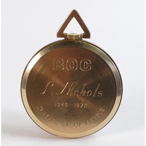 2070 - 9ct gold Garrard keyless pocket watch, presentation inscribed to the reverse BOC 1949-1970, gross we... 