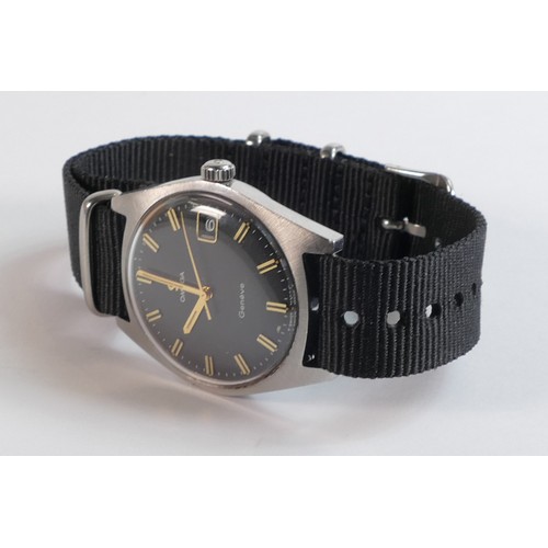 2072 - Omega Geneve steel mechanical wristwatch, black dial with gilt fingers & markers with new Nato strap... 