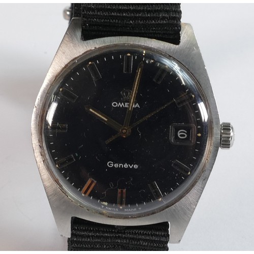 2072 - Omega Geneve steel mechanical wristwatch, black dial with gilt fingers & markers with new Nato strap... 