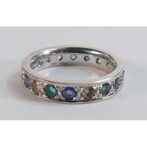 2209 - 18ct hallmarked white gold full eternity gemstone set ring size R.  Set sapphires, emeralds & others... 