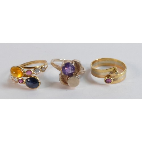 2210 - Three gem set rings - diamond & ruby three colour gold set size L/M 3.6g high carat, multi gemstone ... 