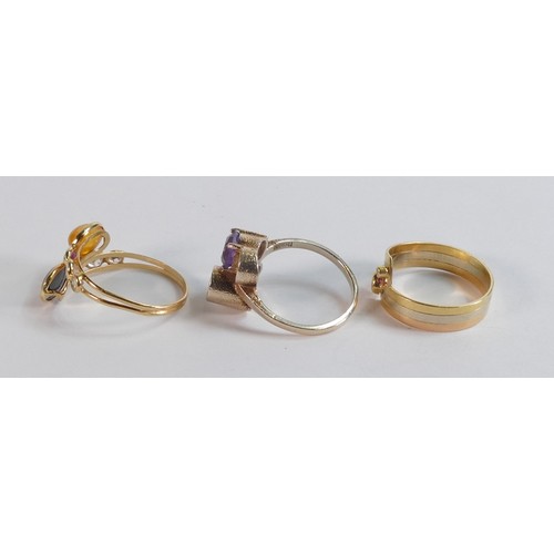 2210 - Three gem set rings - diamond & ruby three colour gold set size L/M 3.6g high carat, multi gemstone ... 