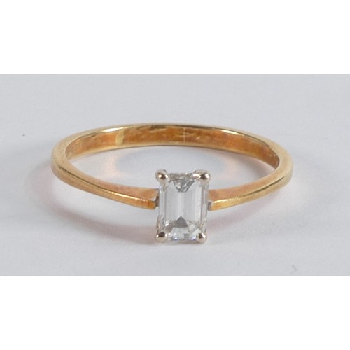 2217 - 18ct yellow gold and single emerald cut DIAMOND ring, stone measures 6mm x 4mm x 3mm high appx., whi... 