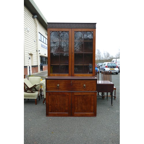 608 - Victorian Secretaire Bookcase. Greek key pediment, two glazed upper doors with simplified column cap... 