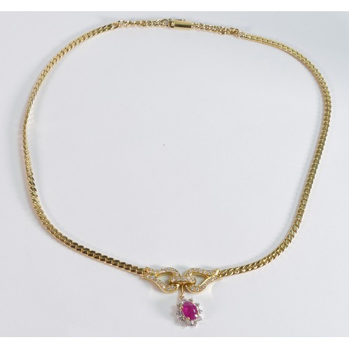 2220 - 18ct gold ruby and diamond fronted hand made necklet, approx. 1.00ct oval ruby and diamond cluster, ... 