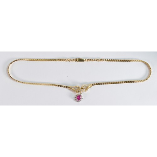 2220 - 18ct gold ruby and diamond fronted hand made necklet, approx. 1.00ct oval ruby and diamond cluster, ... 