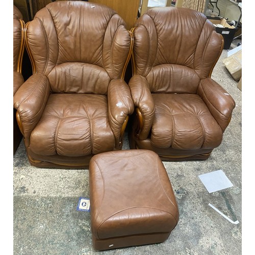 604A - Divani Italian leather set of 2 Armchairs 100cm H x 63cm D together with matching foot stool.