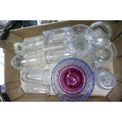 30 - A mixed collection of vintage glass including cranberry bowl & jug, Art Deco blue fruit bowl, vases ... 