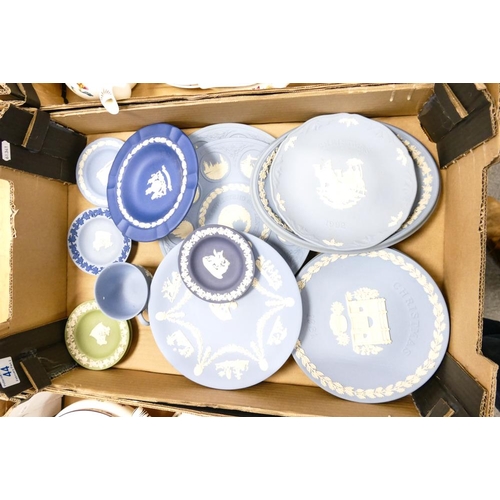 44 - A collection of Wedgwood Jasperware including pin dishes, Christmas plates, cup, oval dressing table... 