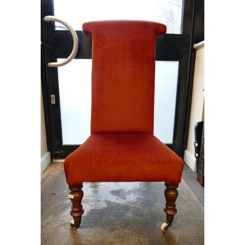 604 - 19th Century Red Velvet Upholstered Prie Dieu or PRayer Chair of Ceramic Castors. Height: 102cm