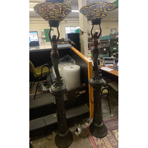 624 - A pair of modern large bronze effect standard lamps, with mermaids standing atop columns, height 195... 