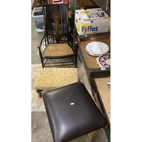 627 - A mixed furniture lot to include an upholstered footstool, dark oak and canework elbow chair and a m... 