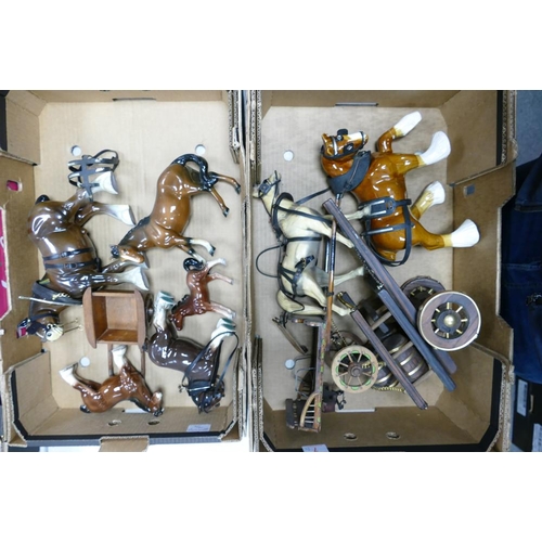 7 - A collection of Pottery , Resin & Plastic Horses, some with carriages(2 trays)