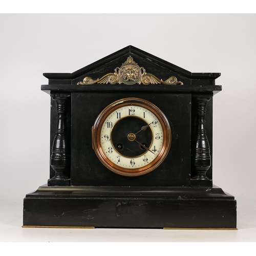 176 - Victorian Slate Mantle Clock with Enamel Dial and Medusa Frieze Pediment. Crack to enamel dial. (not... 