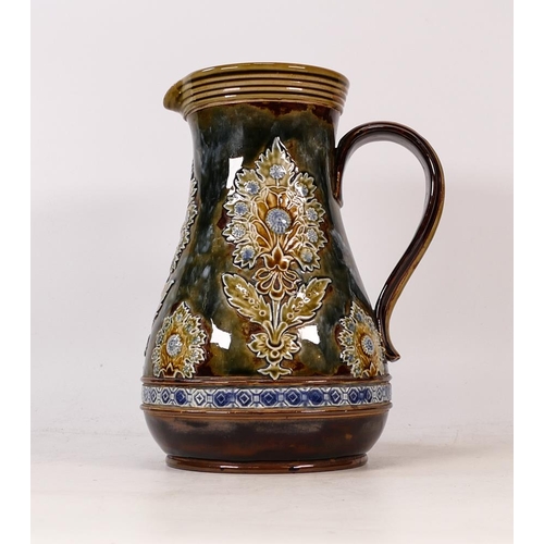 288 - Doulton Lambeth Stoneware Jug. Foliate applied designs with a mottled green and blue ground. Incised... 