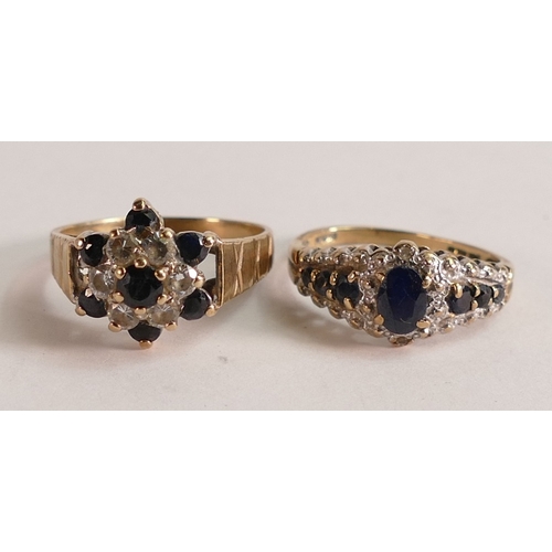 743 - Two 9ct gold rings both set with blue & white stones, one size O, other shank bent, 5.5g. (2)