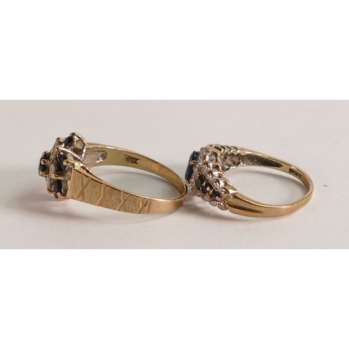 743 - Two 9ct gold rings both set with blue & white stones, one size O, other shank bent, 5.5g. (2)