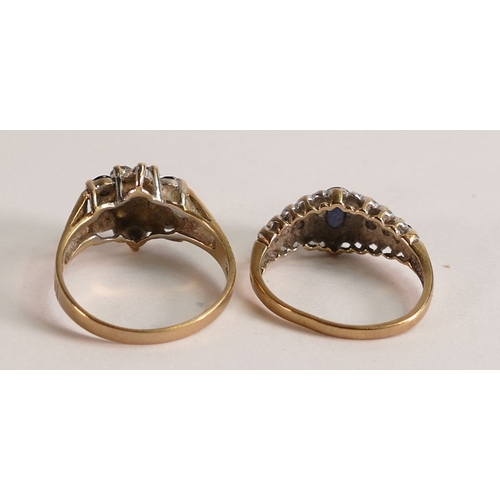 743 - Two 9ct gold rings both set with blue & white stones, one size O, other shank bent, 5.5g. (2)