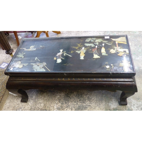 644 - Vintage chinese laquered coffee table with glass top over 3D Oriental scene 103cm W x 53cm D x 43cm ... 