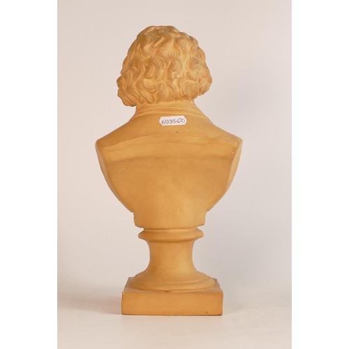 31 - Earthenware bust of Ludwig van Beethoven on square foot socle. Height: 28.5cm