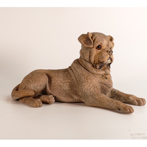 38 - Large Austrian polychrome painted Terracotta pug dog. Early 20th century. Modelled in recumbent pose... 